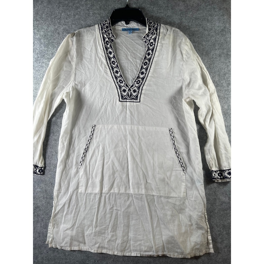 Solitaire Swim White Embroidered Tunic Beach Cover Up Navy Blue Boho V-Neck M